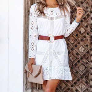 AIN’T SHE SWEET COTTON EYELET BELTED CROCHET DRESS